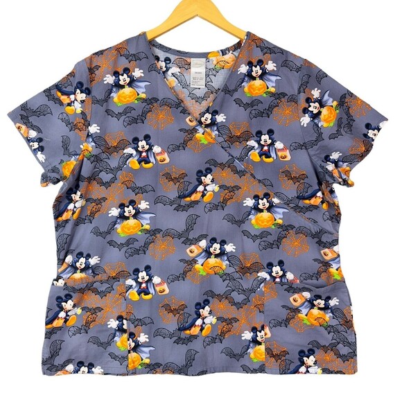 Disney Halloween Scrub Top 2X Women’s Mickey Mouse Vampire Bats Pumpkins Medical - Picture 1 of 15